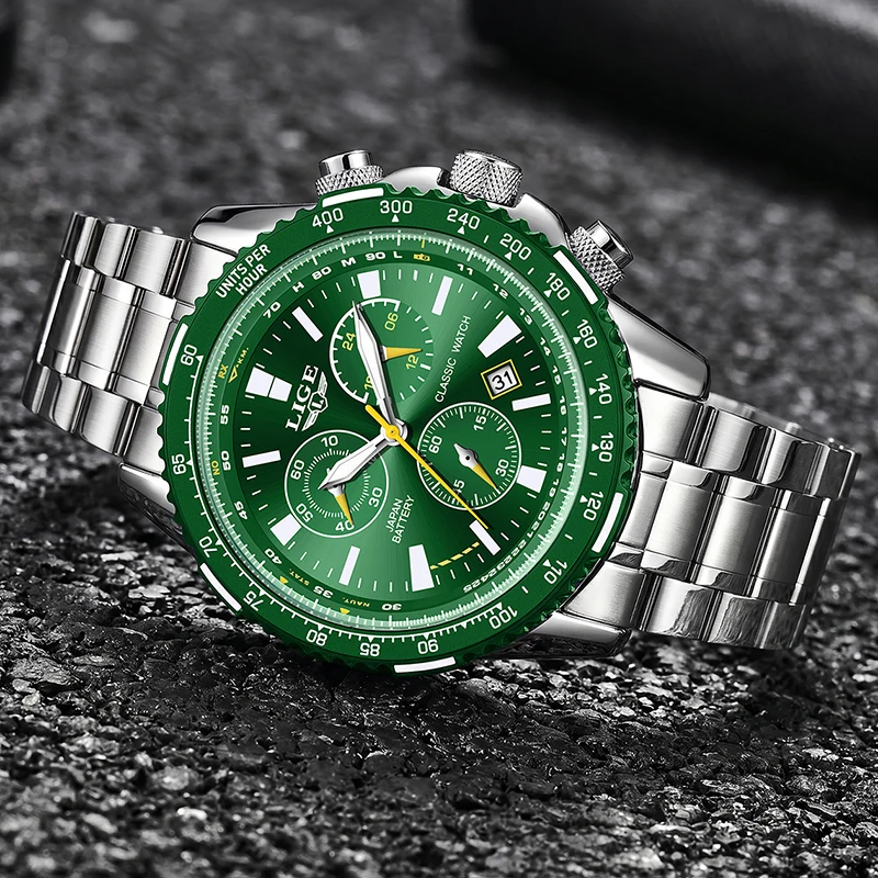 LIGE New Green Big Dial Watch Men Top Brand Luxury Fashion Mens Watches Military Waterproof Chronograph Quartz Wristwatch Clock - view 2