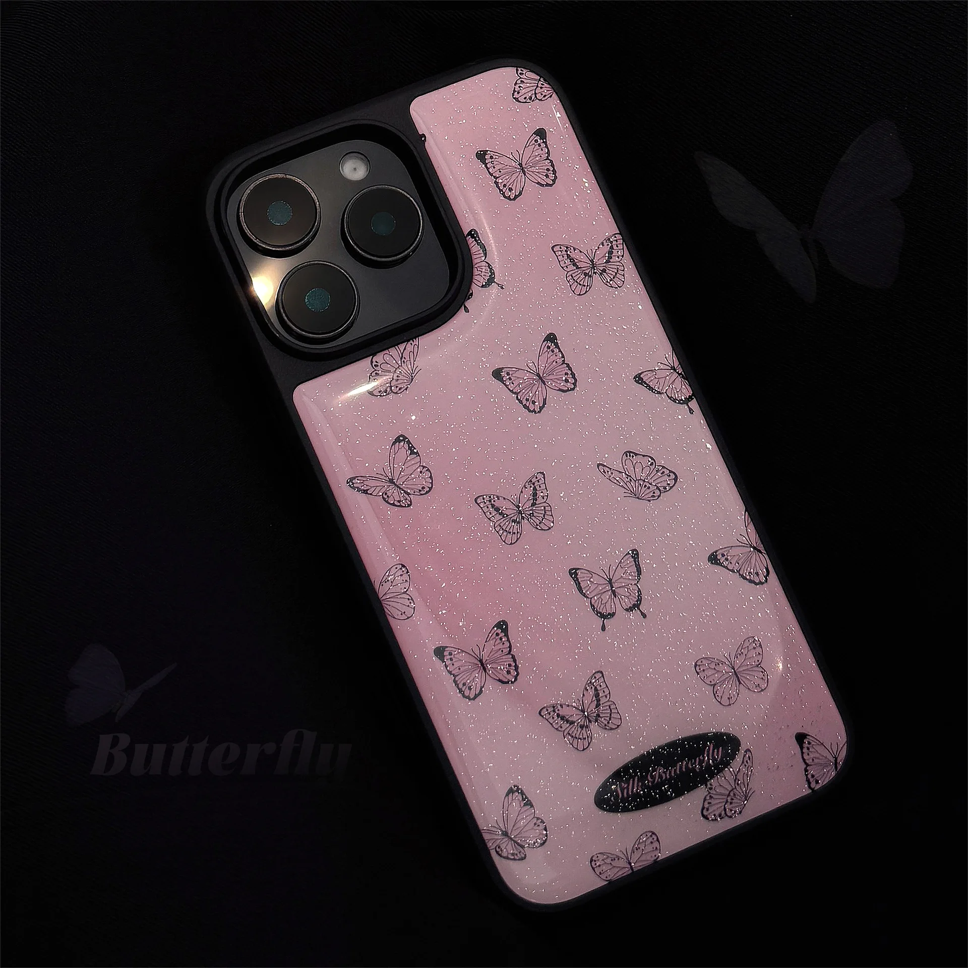 Korean Glitter Black Butterfly Pattern Drop Glue Phone Case for iPhone 17 Air 15 13 11 12 14 16 Pro Max Shockproof Hard Cover