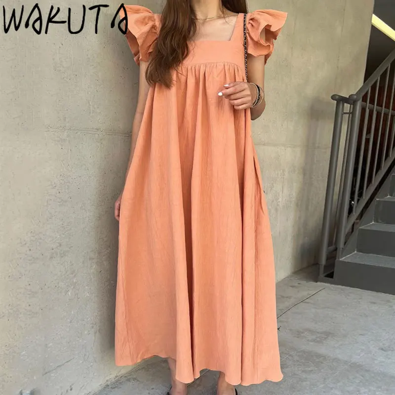 

WAKUTA Flying Sleeve Vintage Fashion Ladies Dresses Summer 2024 Japan Korean Style Casual Pockets Loose Maxi Dress Square Neck