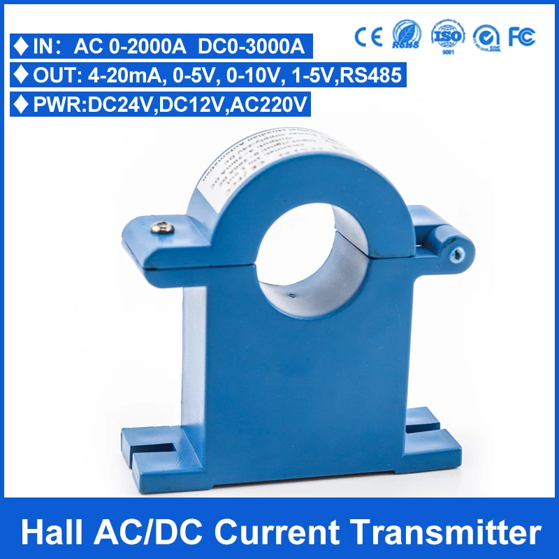 Hall Current Sensor / Transducer  AC / DC Current Sensor 0-1000A Open Loop Transmitter