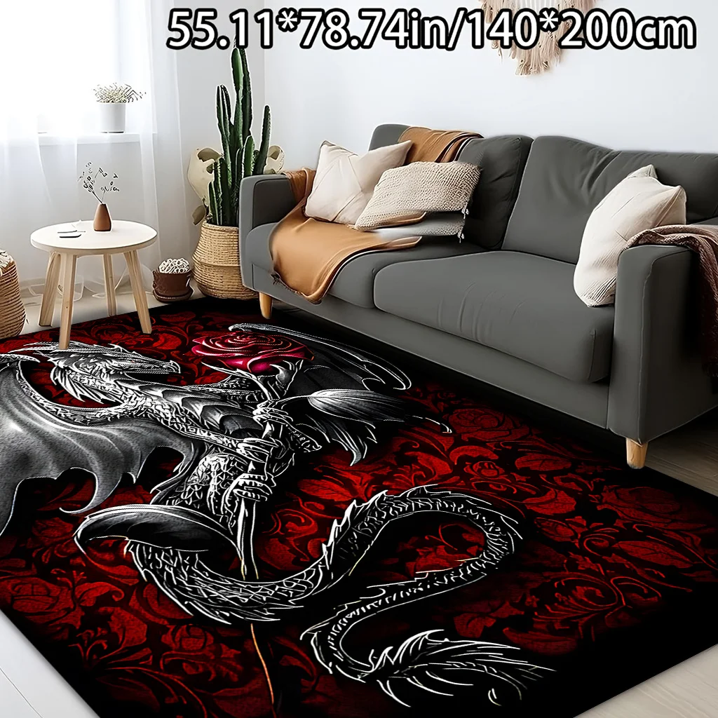 1pc Dark Gothic Dragon And Rose Doormat, Velvet Surface, Non Slip Backing, Soft Durable Comfortable, Perfect for Entryway