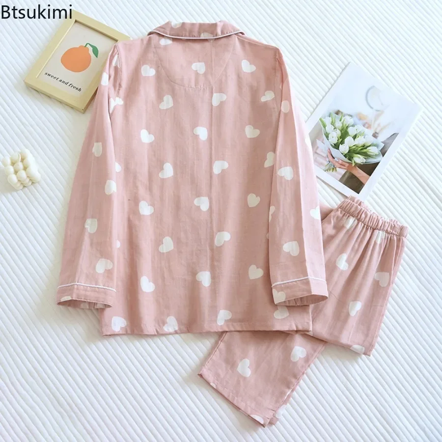 2025 Women's Spring Autumn Pajama Sets 100% Cotton Long Sleeve Pants Two Pieces Love Print Lovely Sweet Home Furnishing Suit New