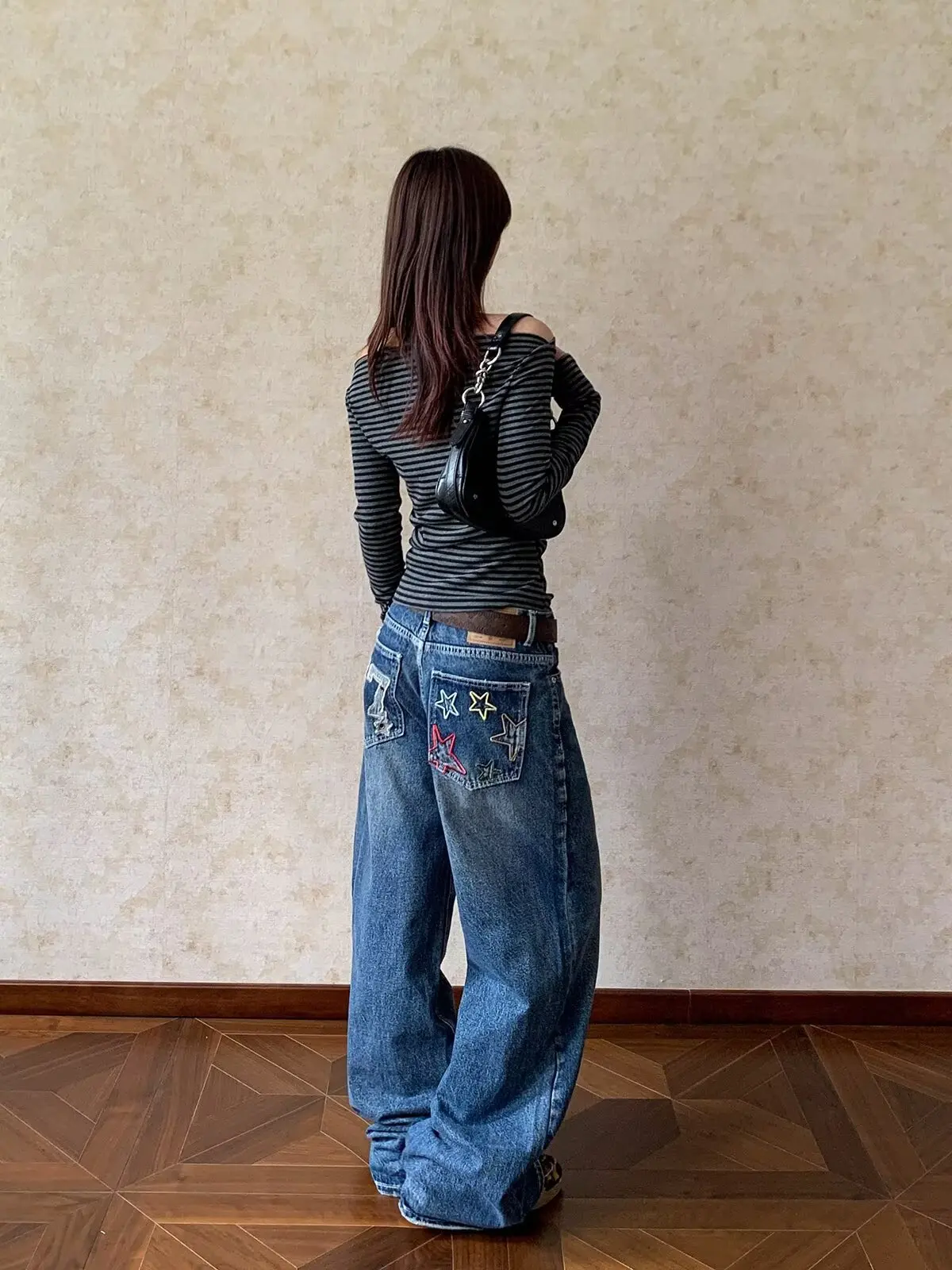 Damskie spodnie uliczne vintage jeansy Y2K Harajuku sprane niebieskie streetwearowe luźne jeansy z haftem damskie spodnie z wysokim stanem szerokie nowe