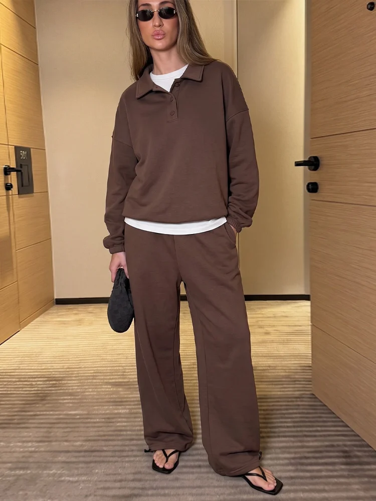 Damen-Hosenanzug 2-teilig Polokragen Langarm-Sweatshirt Pullover Elastische Taille Hose Streetwear Einfarbiger Oversize-Trainingsanzug – Detail 15
