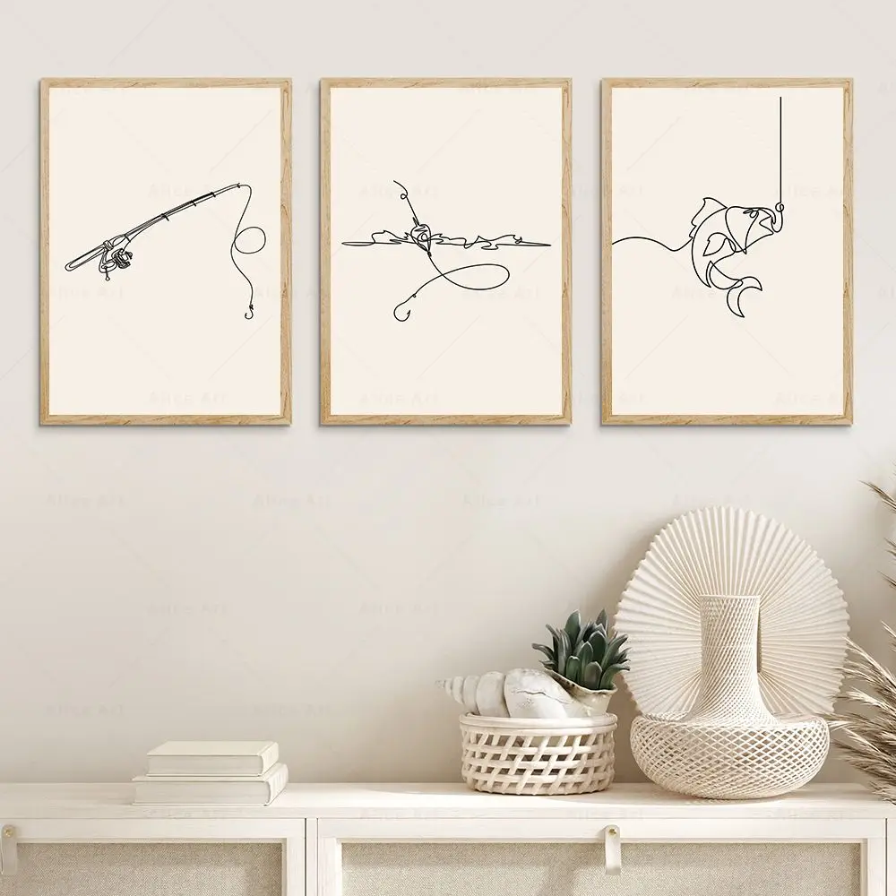 Fishing Angling Wall Art Canvas Poster Print Line Drawing Fish Canvas Painting Wall Art Pictures Fisherman Gift Man Cave Decor