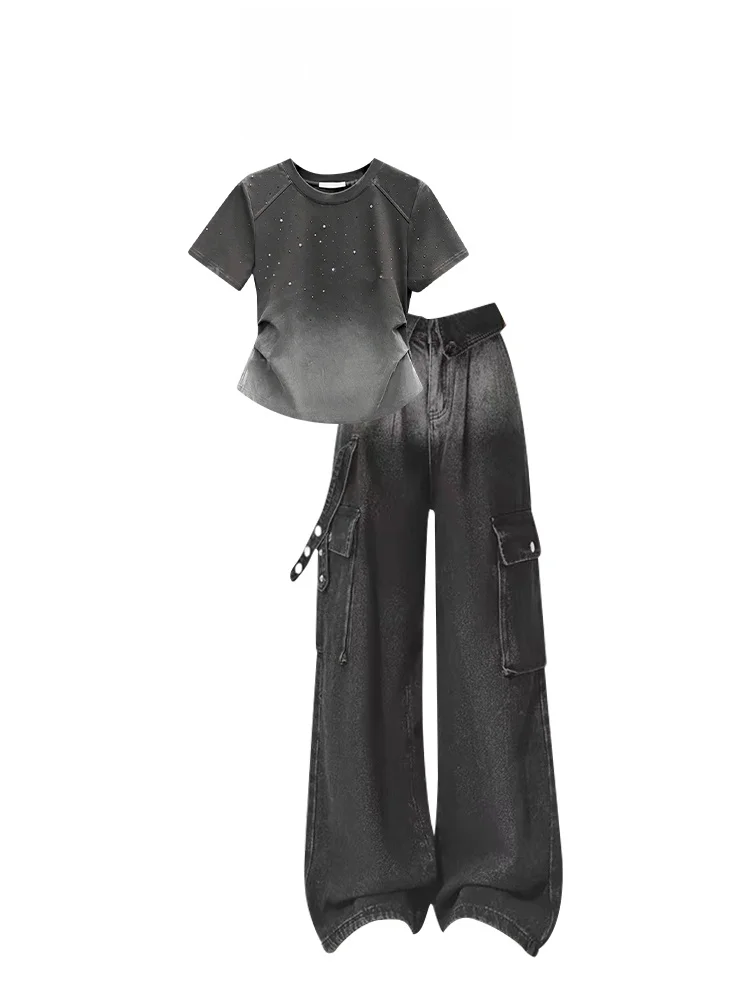 Summer Casual Women's Gradient Design Short Sleeve T-Shirt Wide Leg Pants Two-Piece Set Comfortable Slimming Effect
