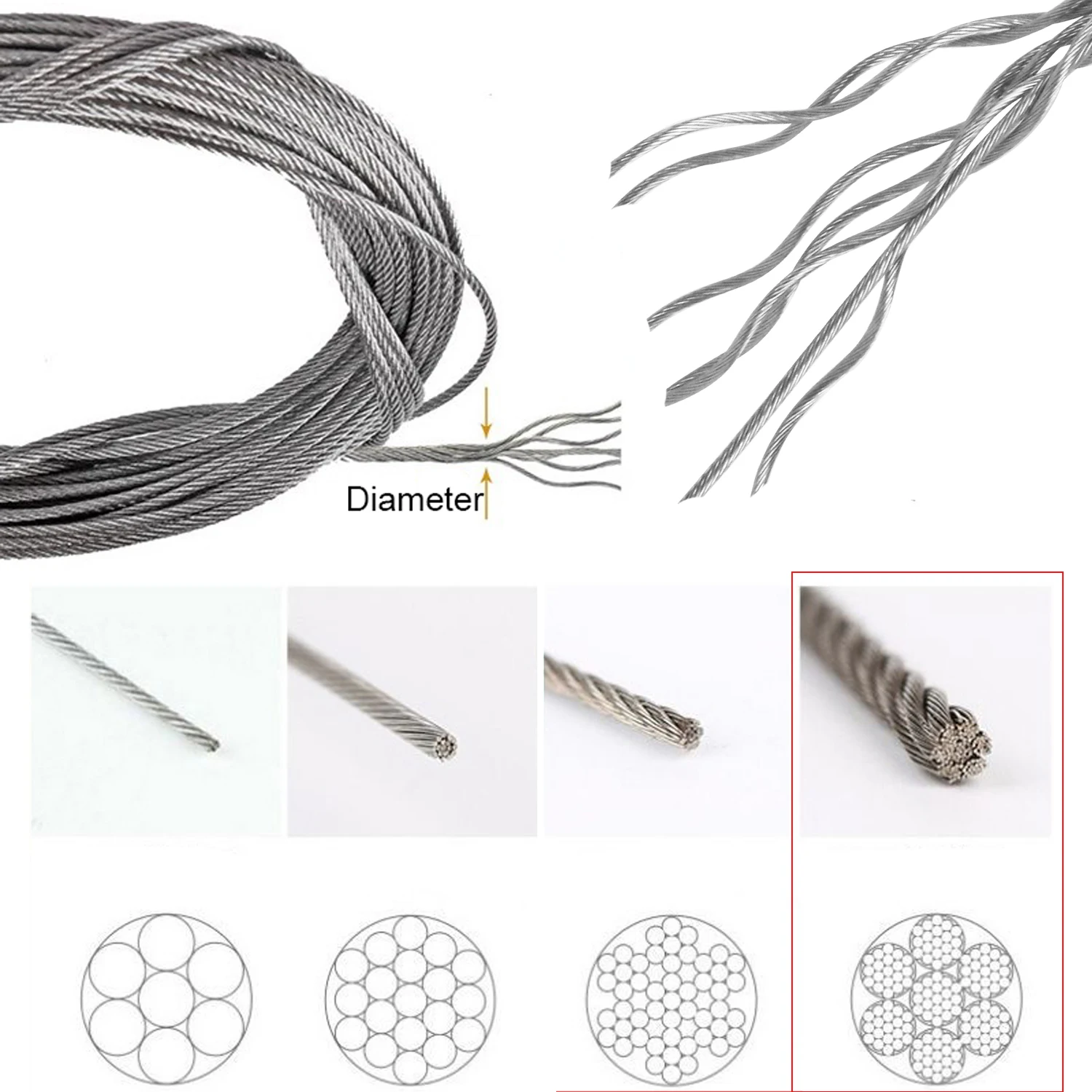 1PCS 304 Stainless Steel Wire Rope 7x19 Structure Anti-Corrosion Anti-Rust Lifting Cable for Home Improvement 1.5-3mm Diameter