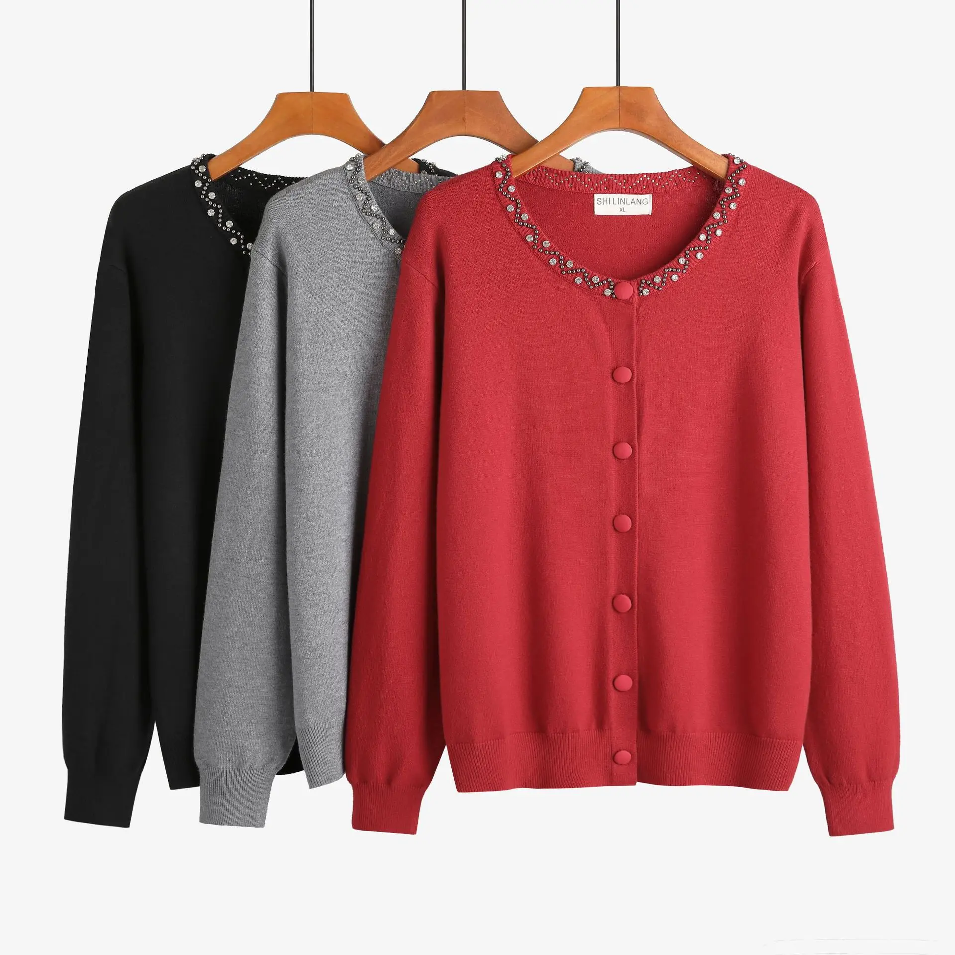 

Autumn Winter Women's Elegant Beading Spliced Long Sleeve Sweaters New Solid Color Temperament Knitted Cardigan Female Clothing