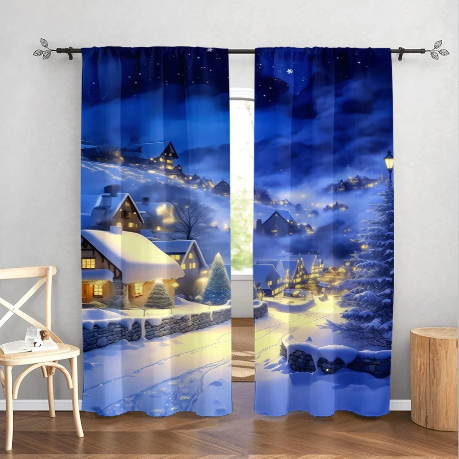 2PCS Christmas Winter Curtains, Blue Village Light, Digital Print, Bedroom Living Room, Rod Pocket, Polyester, Home Decor