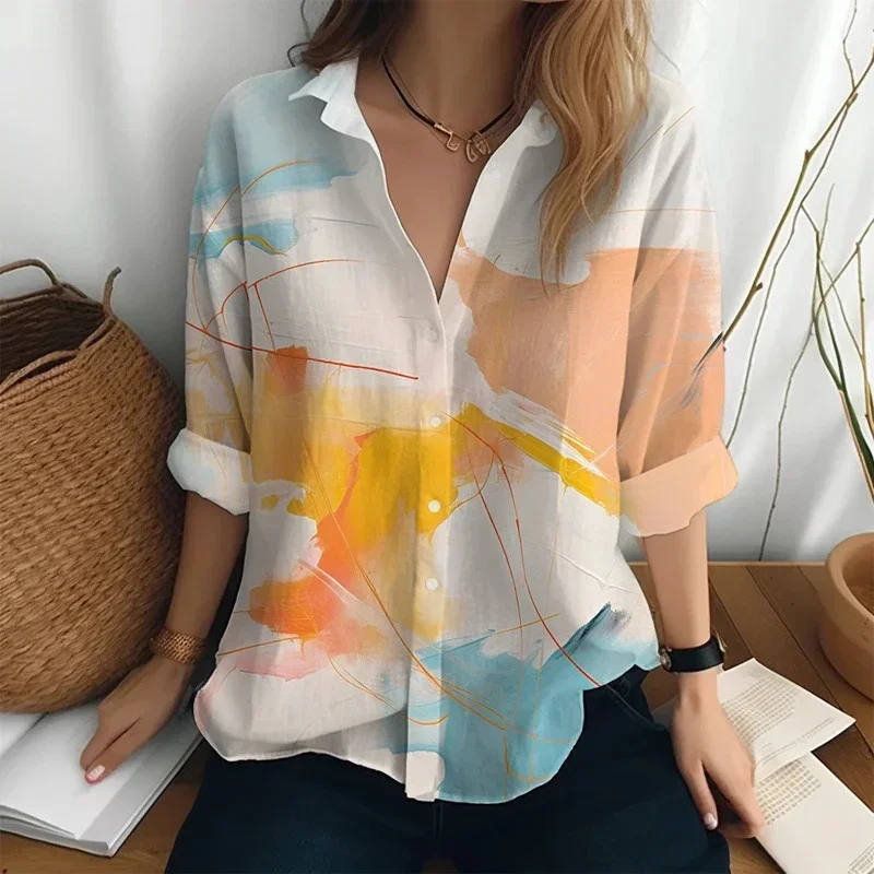 2024 New Business Women\'s Shirt Long Sleeve Solid Color Printed Collar Pocket Daily Beach Vacation Comfortable Top