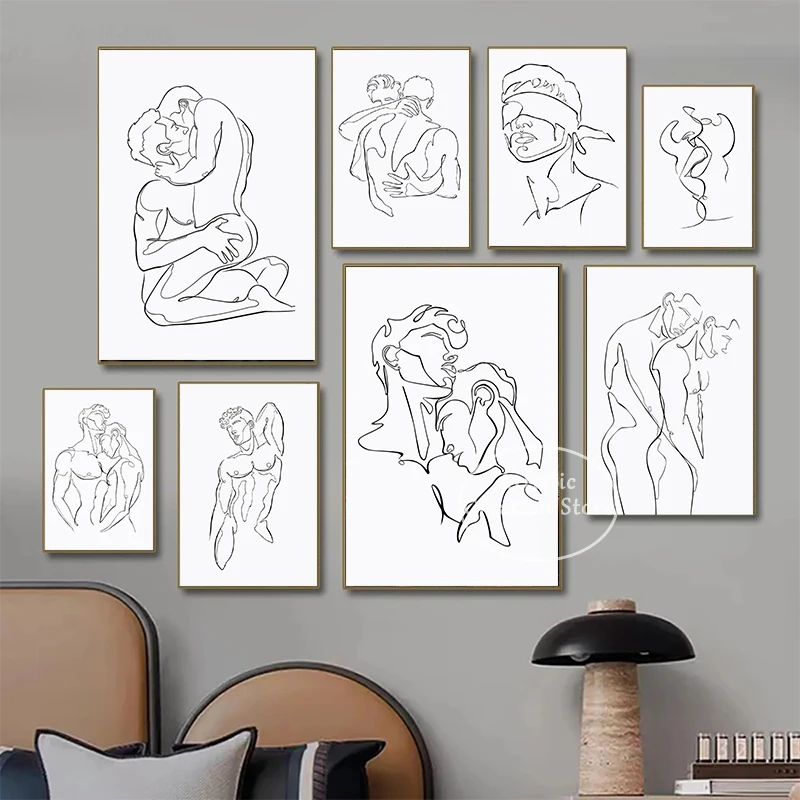 Man Kiss Hug Love Gay Prints Canvas Painting Wall Pictures Abstract Line Minimalist Art Nordic Living Room Bedroom Home Decor