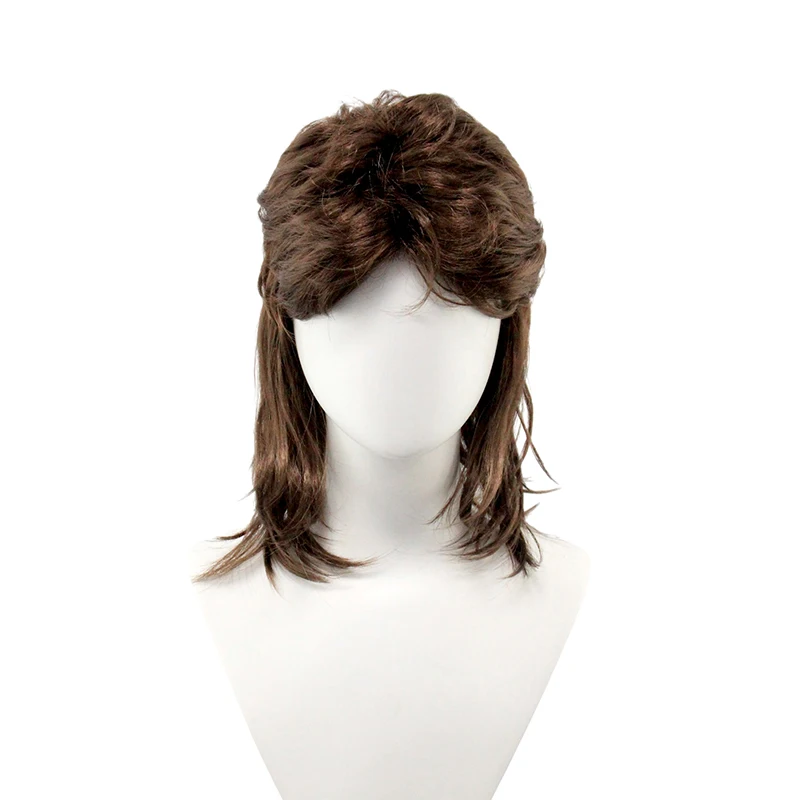 Men's Mullet Wig, Brown 70s 80s Retro Synthetic Hair, Natural Fluffy Full Head Wig for Cosplay Halloween Daily Party