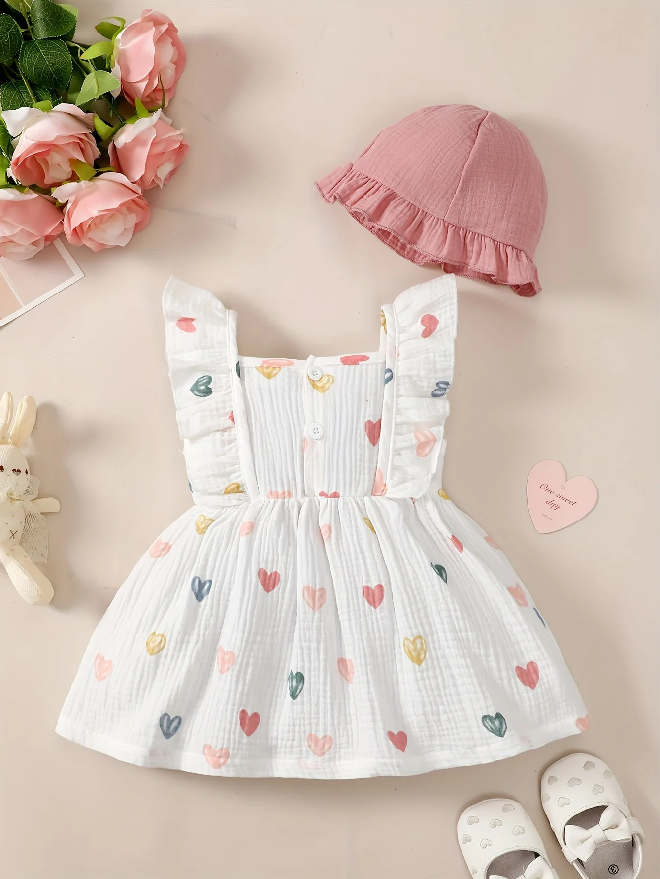 0-18Months Baby Girl Clothes Outfit Summer Sweet Cute 2Pcs Colorful Heart Print Ruffle Strap Dress With Hat Infant Clothing Set