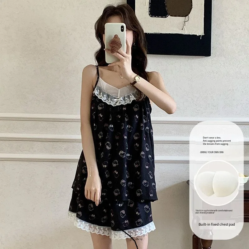 

Пижама Sanrio Hello Kitty Y2K, женские шорты, ночная рубашка без рукавов, летняя пижама, пижама с бретельками на шее, ночная одежда Kawaii, повседневный домашний костюм