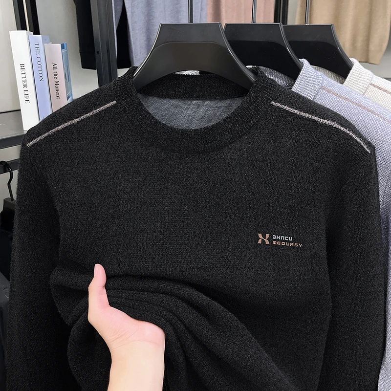 

Winter Men's Sweater with Thick Velvet and Round Neck Warm Stripe Knitted Base Sweater