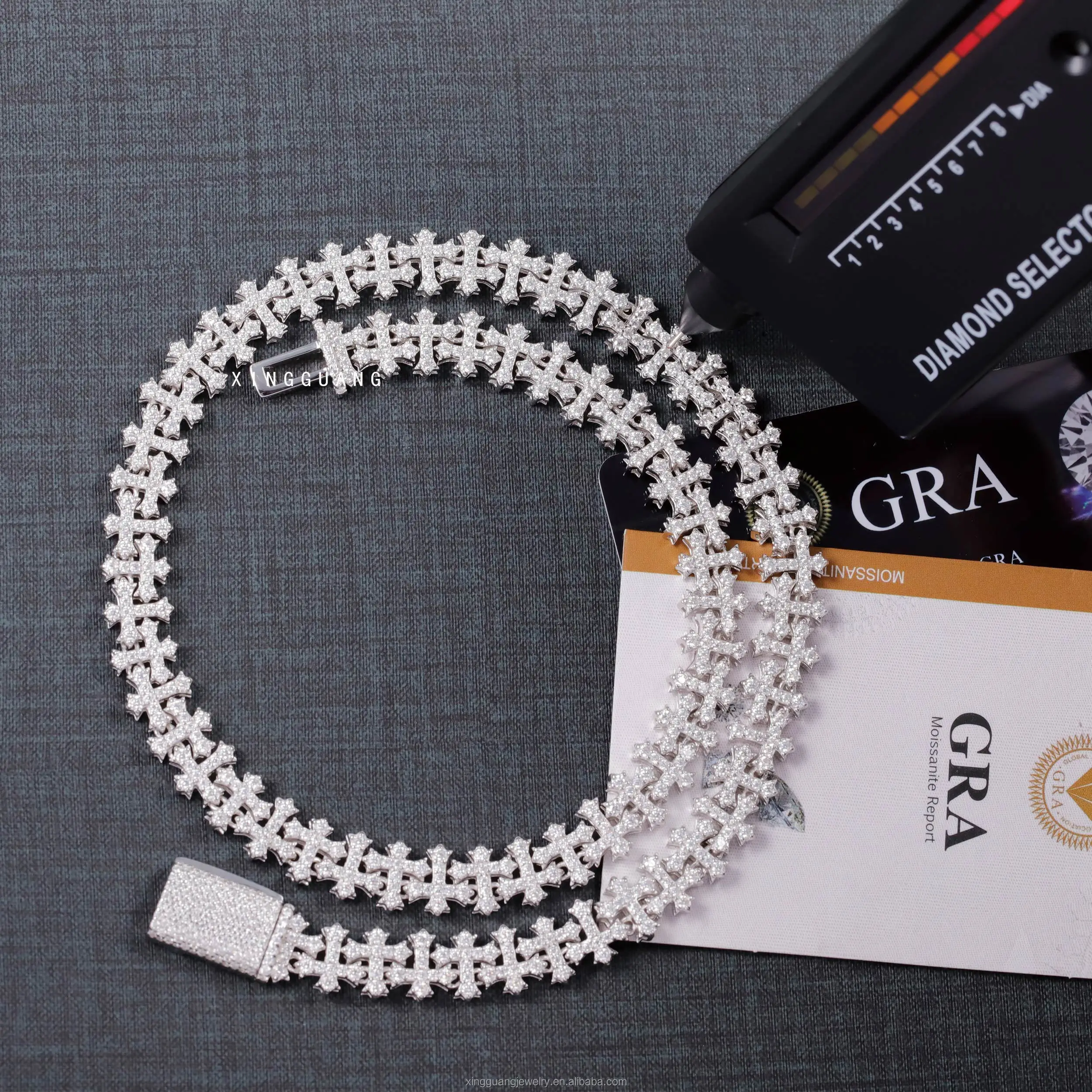 Iced Xingguang Out Jewelry 12mm 925 Sterling Silver GRA Certificate VVS Diamond Moissanite Cuban Link Cross Chain Bracelet.