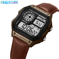 SYNOKE Belt Watch Men Outdoor Sports Multifunctional Waterproof  Luminous LED Digital Watch PU Leather For Men Retro Fashion