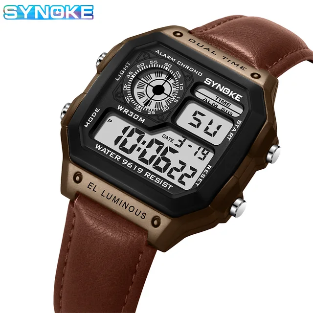 SYNOKE zegarek na pasku mężczyźni Outdoor Sports wielofunkcyjny wodoodporny świecący cyfrowy zegarek LED PU skóra dla mężczyzn moda Retro