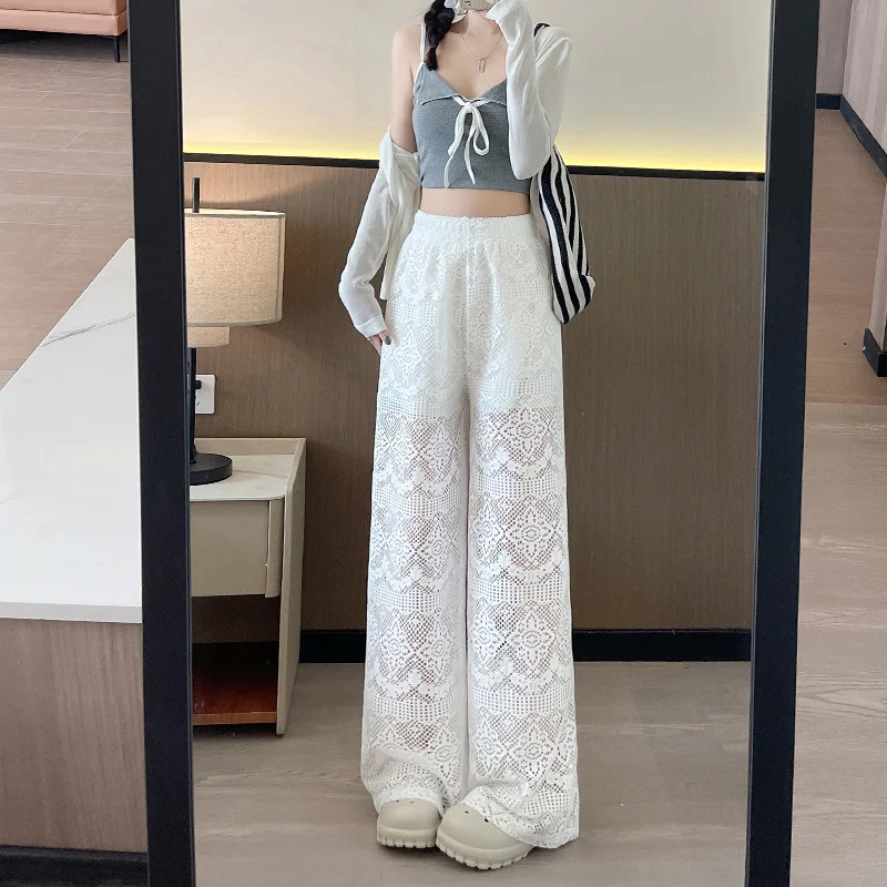 Witte Kanten Taille Wijde Pijpen Broek Voor Vrouwen Zomer Gedrapeerd2025New Hoge Taille Afslanken Rechte Broek Vloerlengte Casual Broek