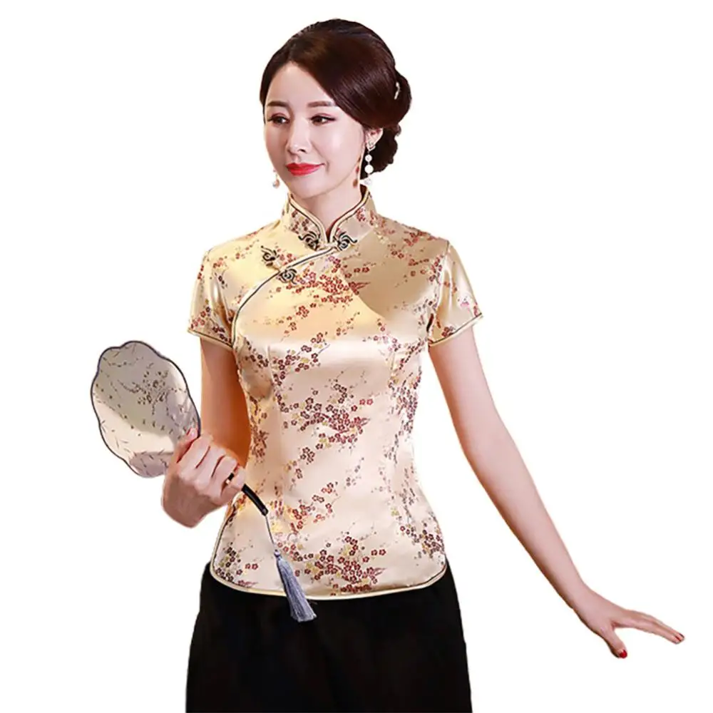 

Women Buttons Blouse Slim Chinese Plum Blossom Short Sleeve Stand Collar Shirt