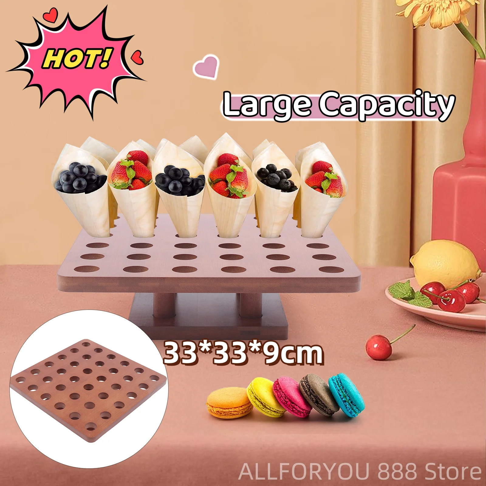 36 Holes 33*33*9cm Square Wooden Food Cone Holder for Party,Weddings, Afternoon Tea, Dessert Stores,etc.