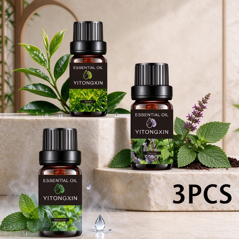 3Pcs Plant Essential Oil (Peppermint+Tea tree+Patchouli) 10ml Per Bottle, Suitable For Body Massage Care