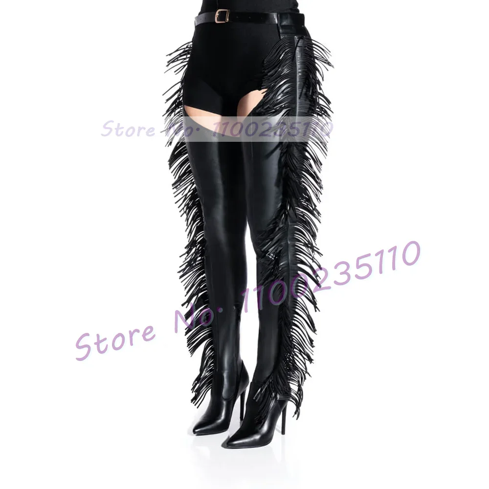 Belted Stiletto Fringe Stretch Crotch Boots Women Pointy Toe High Heels Sexy Shoes Ladies Western Style Party Thigh High Boots