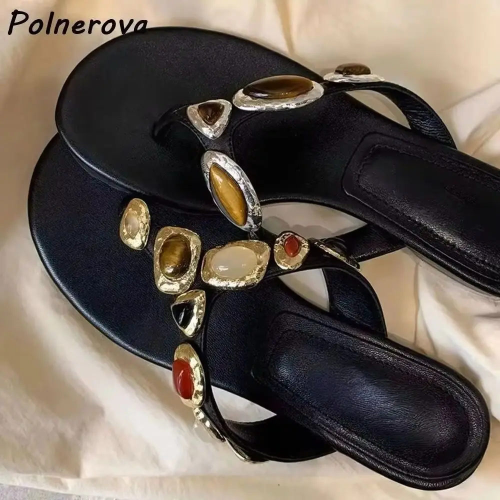 Metal Stone Flip Flops Slippers Unique Vocation Black Round Toe Flat with Beach Shoes Women's Leisure Outdoor Roman Style Shoes