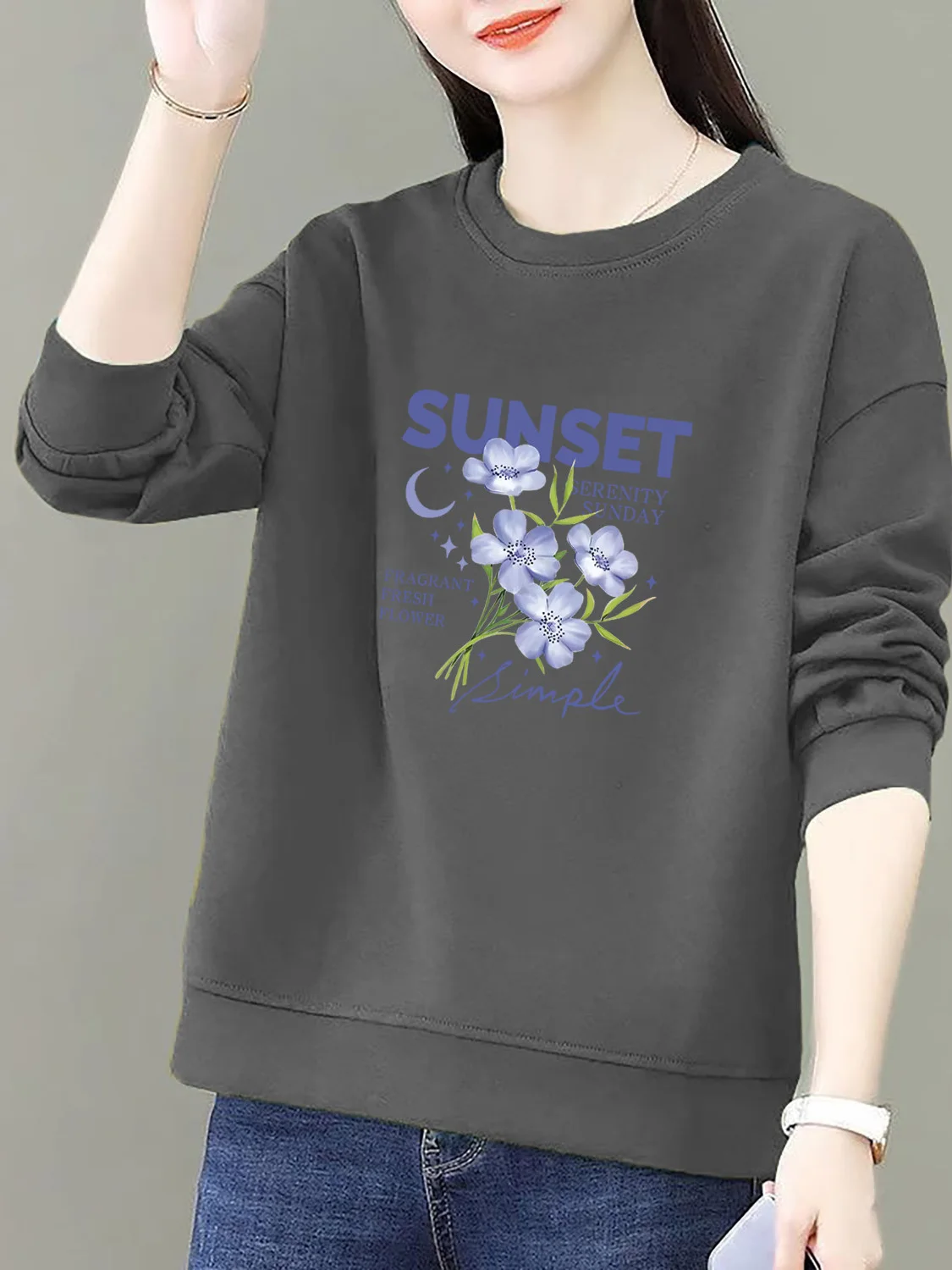 Sudadera holgada de manga larga de algodón puro para mujer, talla grande, cuello redondo, camiseta interior, transpirable y cómoda.