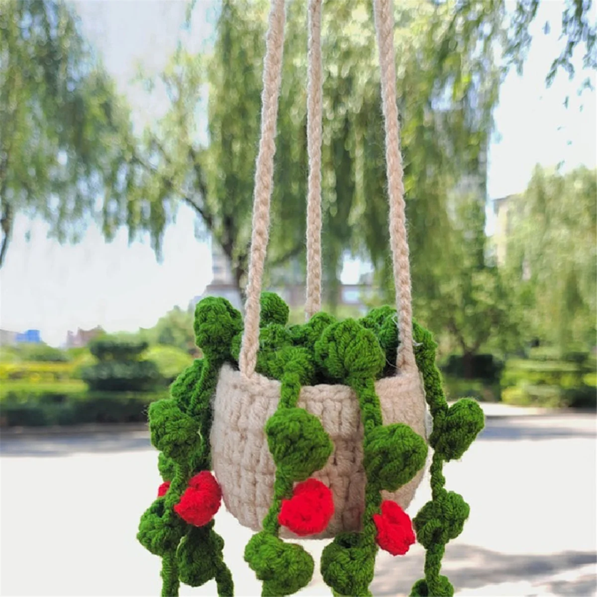 Rearview Mirror Pendant Cute Potted Plants Crochet Car Mirror Hand Knitted Plant Hanging Ornaments Car Accessories