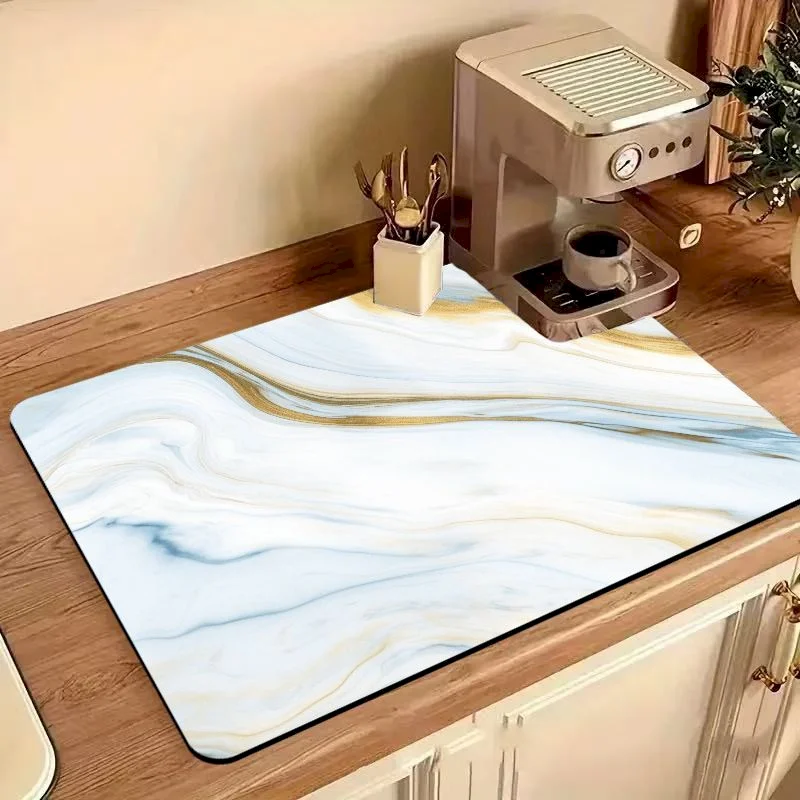VIKAMA Gold Foil Marble Printed Dishwashing Mat, Absorbent Anti Slip Coffee Machine Countertop Mat, Home Decoration