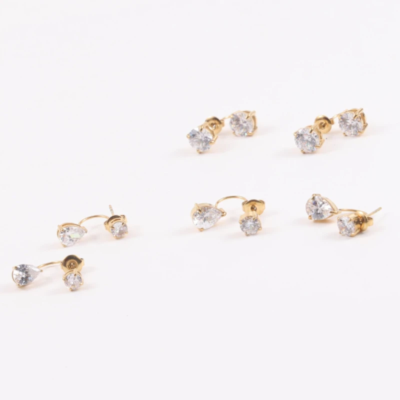 Stainless Steel Gold Color Double Zircon Front and Back Earrings for Women PVD Gold Plated Jewelry