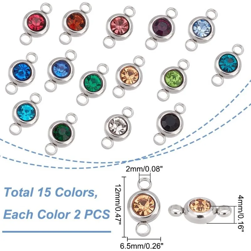 30pcs Glass Rhinestone Links Charms Transparent Glass Connector Pendants Flat Round Birthstone Charm Crystal Glass Charms