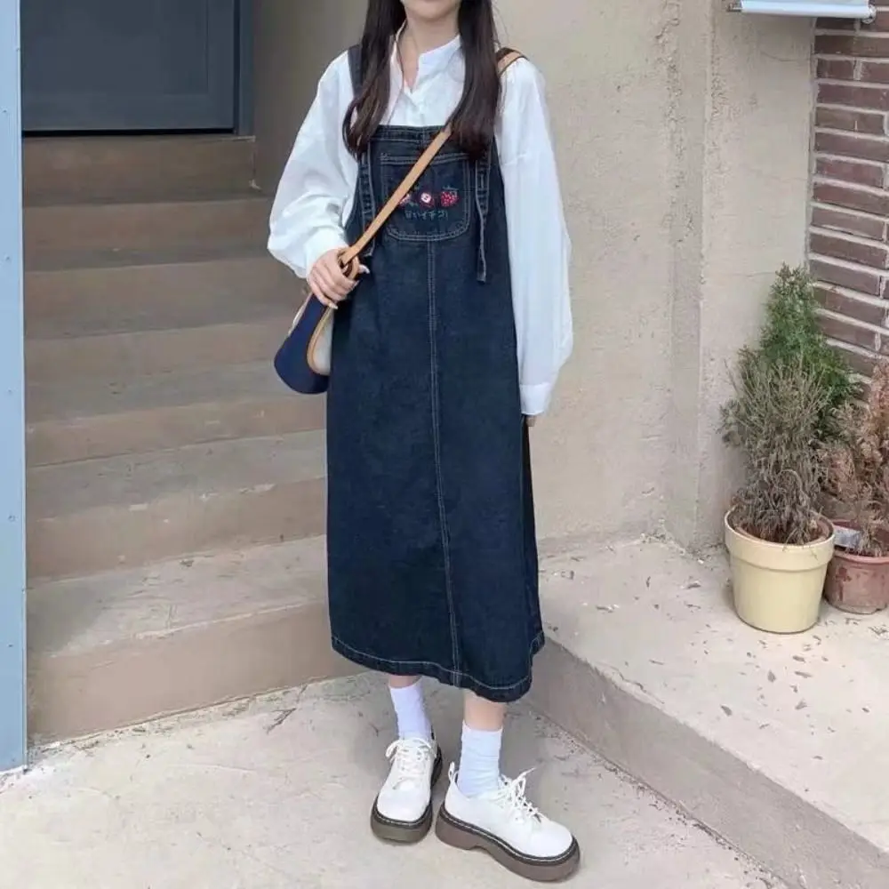 

Vintage Preppy Style Sleeveless Jeans Dresses a-Line Loose Denim Overalls Skirt Pocket Solid Suspender Skirt Denim Summer