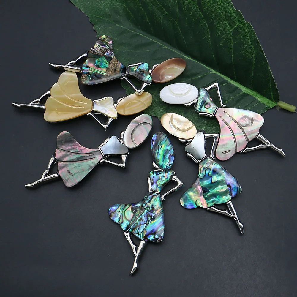 

Natural Abalone Shell Dancing Girl Shape Pendants Various Shell-splicing Two-purpose Brooch Jewelry 1pc For Creative Gift Making
