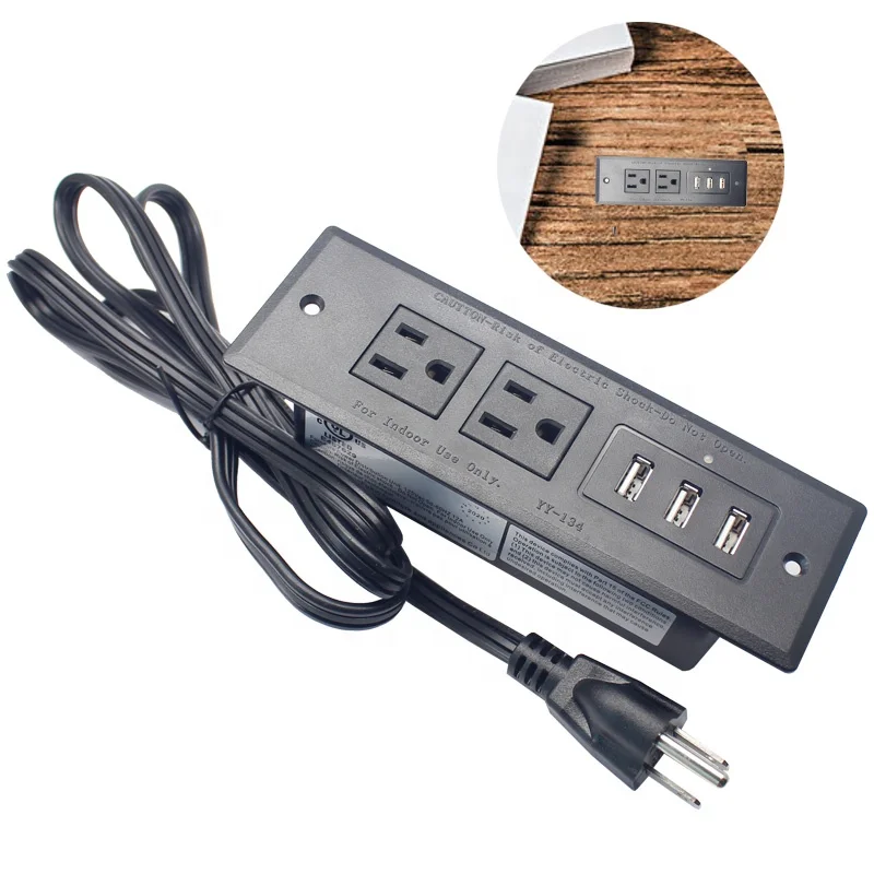 

3 USB 2 Outlet Power Strip Table Desk Surface Mountable Recessed Furniture USA