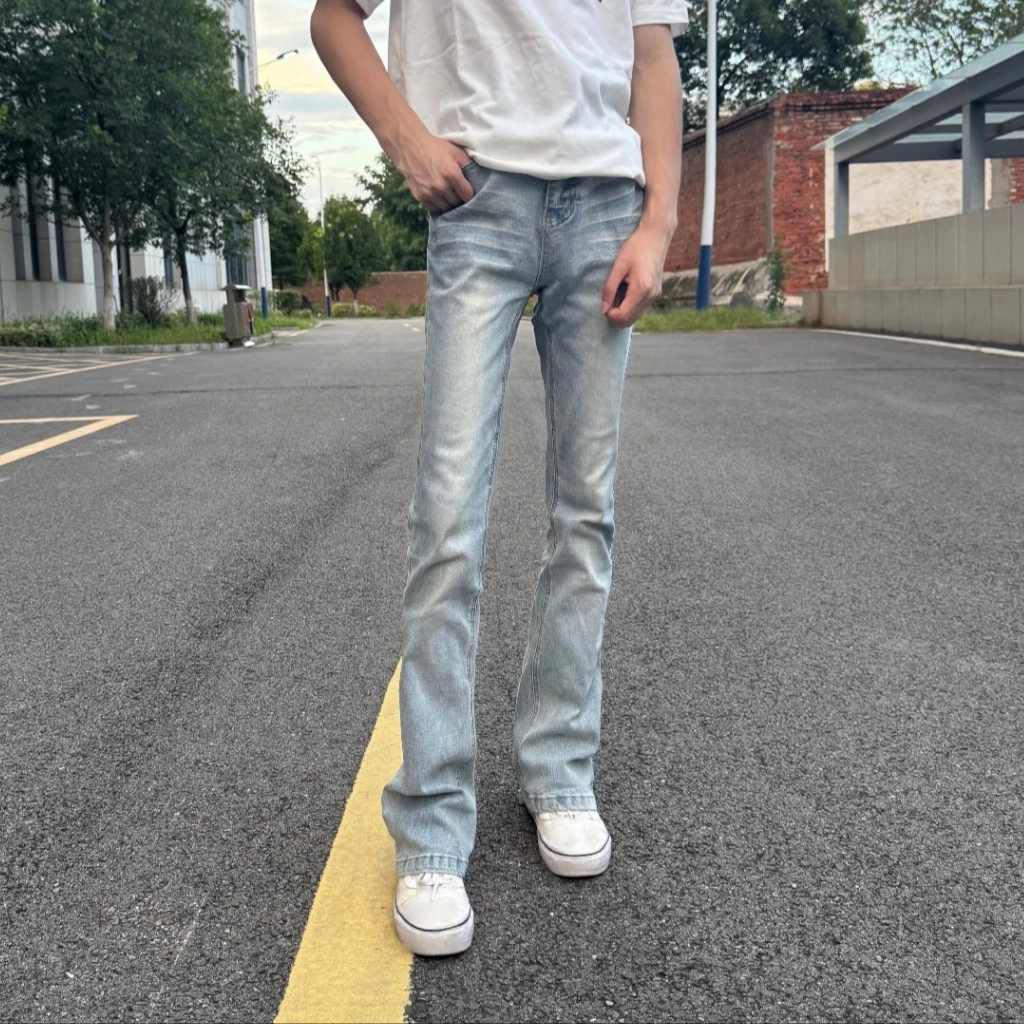

Американские джинсовые джинсы с талией в стиле ретро, мужские узкие прямые леггинсы с дизайном High Street Vibe, молодежные повседневные прямые джинсы
