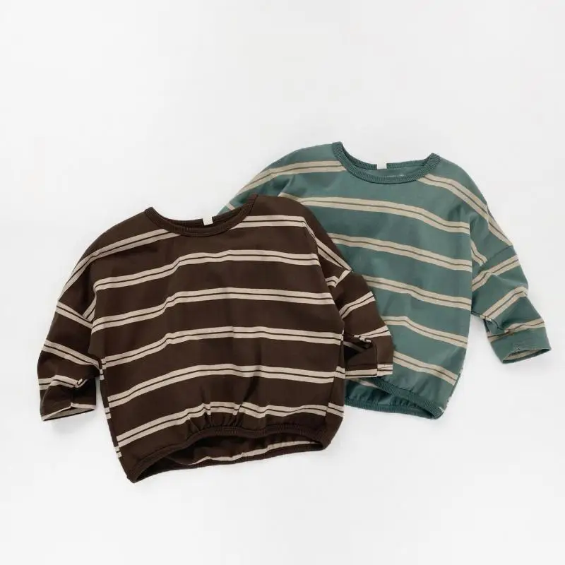 

2026 Spring New Children Long Sleeve T Shirts Cotton Boys Girls Striped Tops Toddler Loose Casual Sweatshirt Kids Clothes