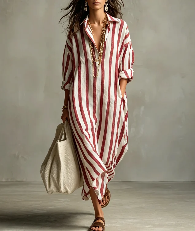 Damen Langes Gestreiftes Hemdkleid V-Ausschnitt Locker Lässig Sommer Urlaub Mode Europäischer und Amerikanischer Grenzüberschreitender Stil – Detail 12