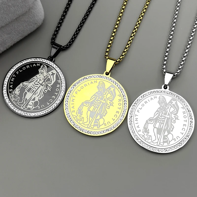 

Saint Florian Protect Us Pendant Necklace For Women Men Stainless Steel Rhinestones Catholic Amulet Chains Jewelry Accessory