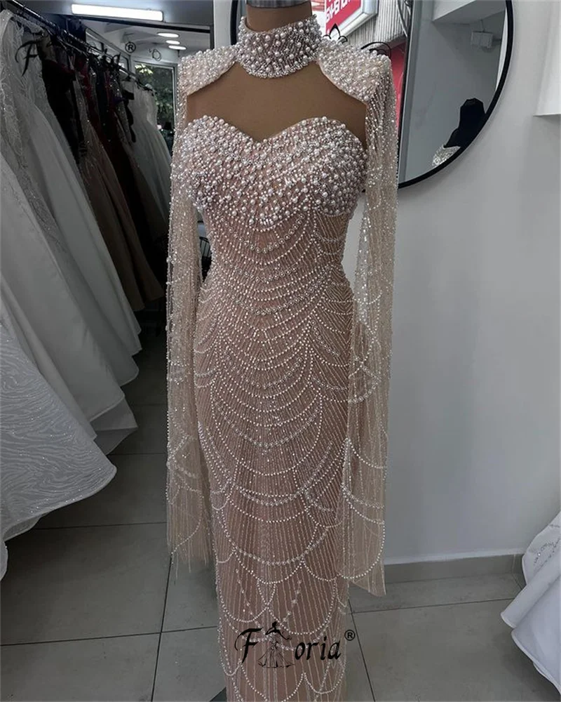 Newest Designer Dubai Woman Pink Evening Dresses Long Cape Sleeve Pearls Beads Wedding Party Dress robe de soirée luxe élégante