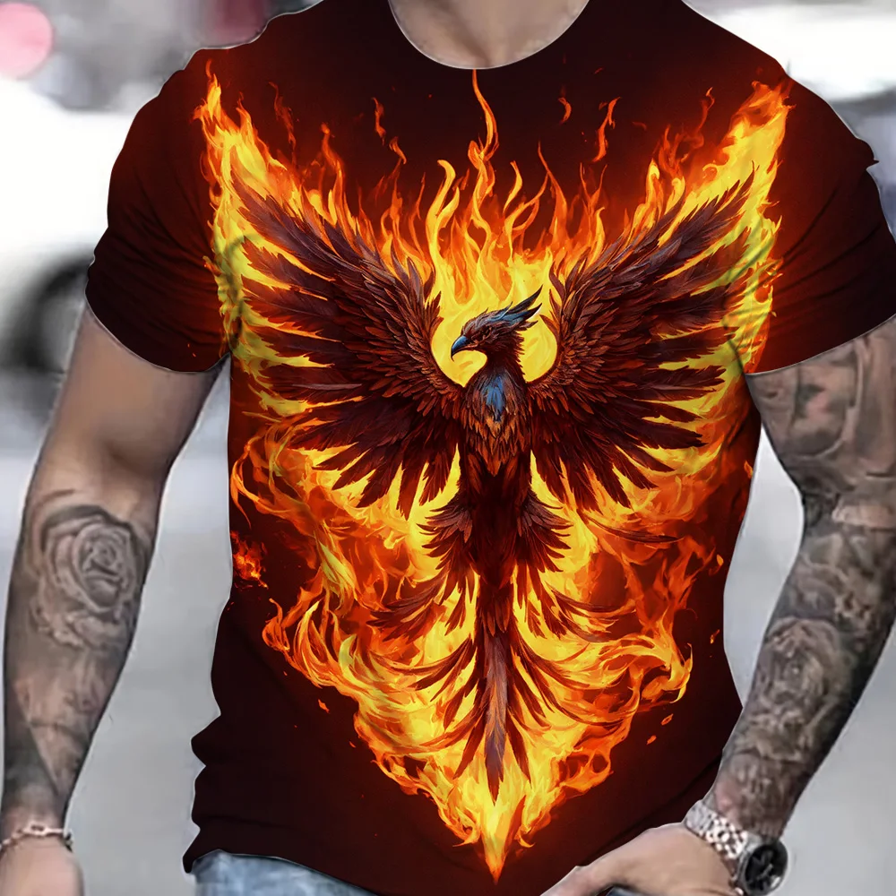 Fashion Flamingo Graphic Print Short Sleeve Large Size Loose Men's Flame Pattern T-Shirts 2024 Summer Casual Streetwear Tops Tee