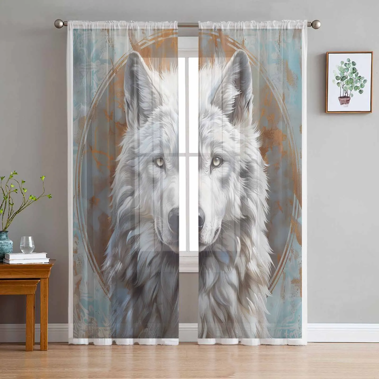 Animal Wolf Ear Glasses Circle Chiffon Sheer Curtains for Living Room Bedroom Home Decoration Window Voile Tulle Curtain Drapes