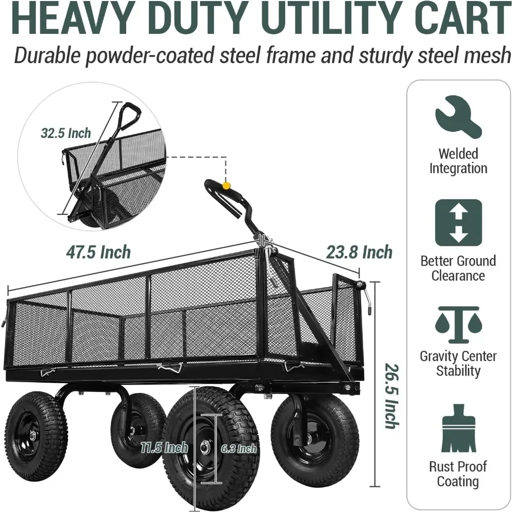 Heavy Duty 1100 Lbs Capacity Steel Garden Cart With 11.5 In Tire Utility Cart for Yard Lawn and Farm Camping Wagon Black Trolley