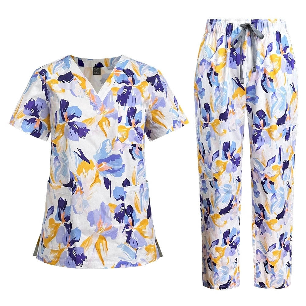Wear Clinic Lab Top Pant Women Hospital Uniform 100% Pure Cotton Printed Pattern Nurse Uniforms Scrub Sets Soft Nursing Work