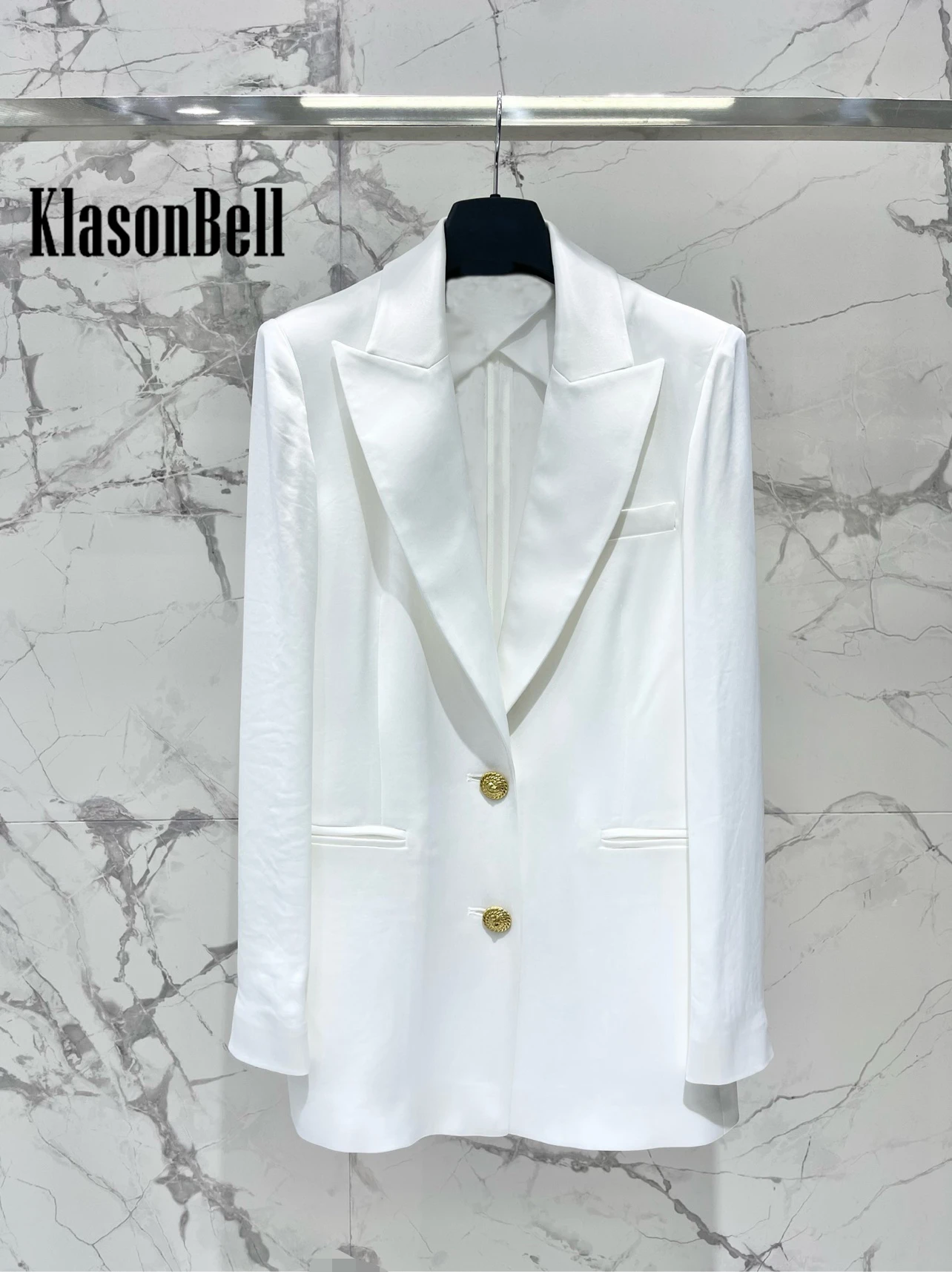 5.27 KlasonBell Temperament Acetate Thin Comfortable Blazer Single Breasted Gold Button Slim Commuter Office Lady Jacket Women