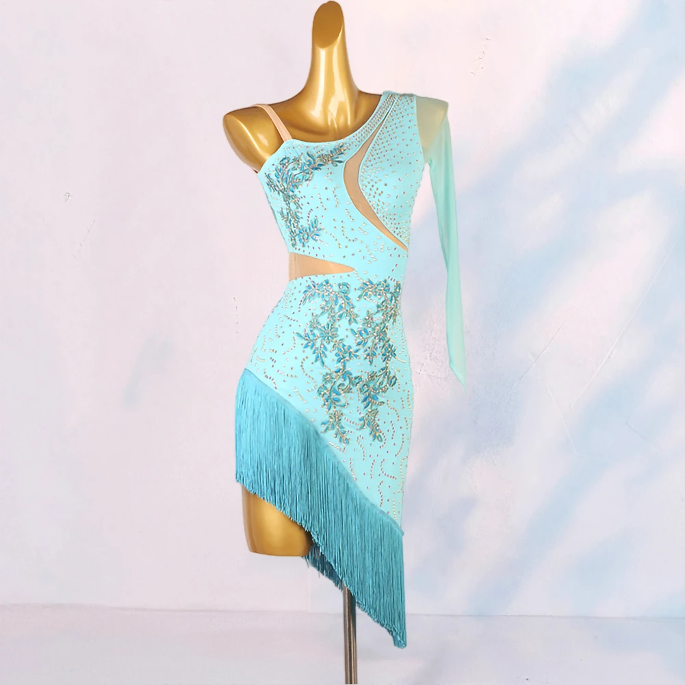 

Professional Tassel Dress White Latin Dance New Team Performance Backless Navy Blue Rhinestone Fluorescent Green Samba Dress