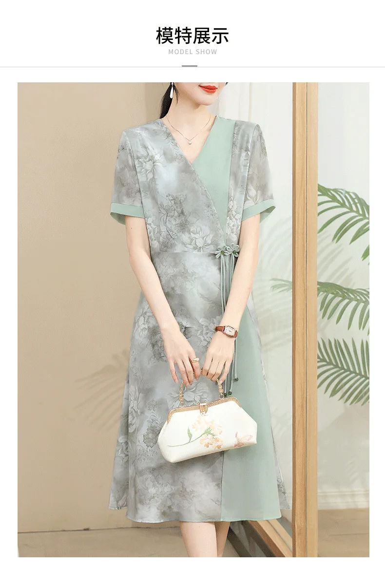 women printing slim dress frog  V-neck Chinese Style Long Short sleeved dress 2024 Summer New Women's dress