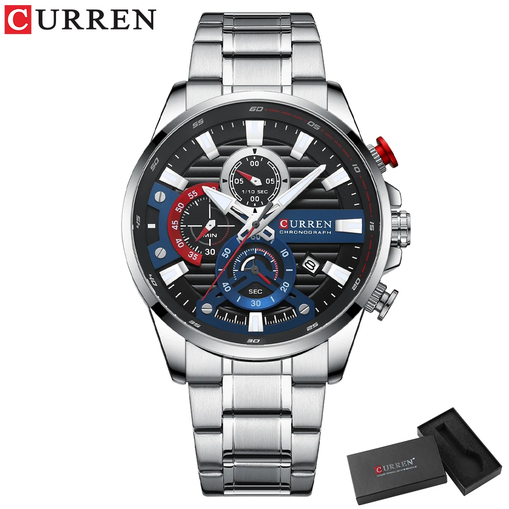 Curren neue blaue Multifunktions-Quarzuhren mit Edelstahl armbanduhren für Männer mit leuchtenden Zeigern 7