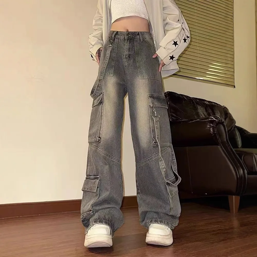 

Американские винтажные потертые джинсы-карго с несколькими карманами для женщин, уличная одежда с высокой талией, свободные широкие модные дизайнерские джинсовые брюки